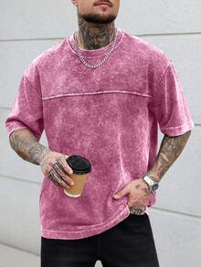 SLATEMANN 男士大尺碼夏季休閒水洗短袖T恤 - 玫紅色 - 查看 4