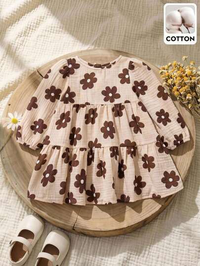 LMoss Kids Baby Girl Woven Floral Round Neck Casual Dress