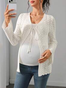 SHEIN Maternity Thin Cardigan, Loose Fit, V-Neck Tie-Front, Perforated Floral Pattern, Bell Sleeve Design, Casual Daily Wear, Solid Color Versatile Long Sleeve Knit Cardigan Jacket - White - View 5