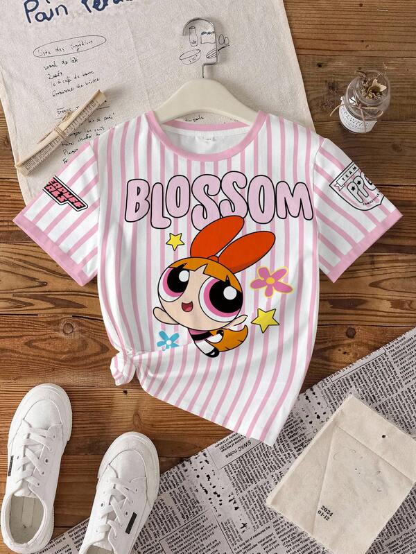 THE POWERPUFF GIRLS X SHEIN 青少年女孩卡通圖案條紋印花圓領短袖T恤