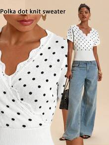 Travachic Damen Polka Punkt Muster V-Ausschnitt Kurzarm Strick Top - Schwarz und Weiss - Übersicht 2