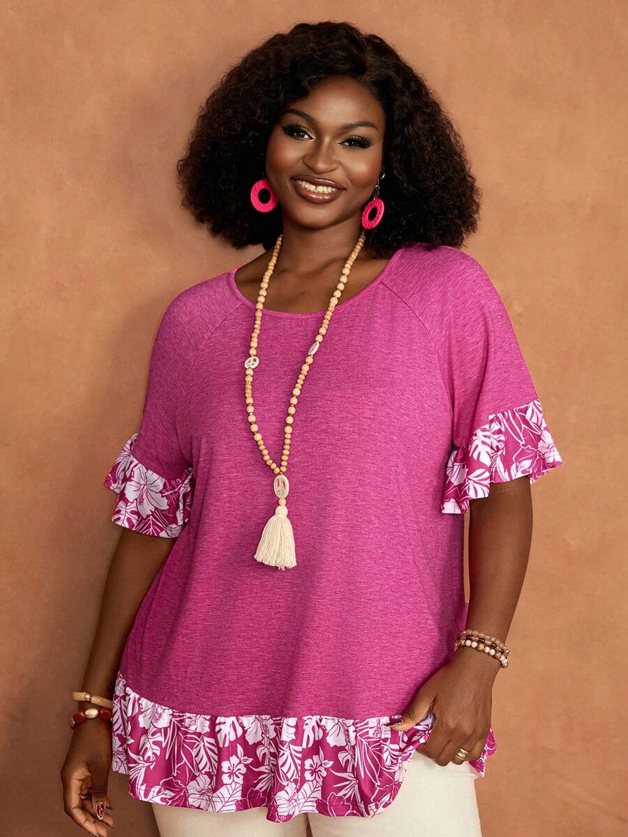 BrightlyHer Plus Size Casual Vacation Botanical Print Patchwork T-Shirt - Hot Pink - View 1