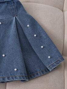 2pcs Young Girl Preppy Faux Pearl Beading Bow Knot Rib Knit Ruffle Long Sleeve Pleated A Line Skirt T Shirt Denim Skirt Set Party Fall Style - White - View 13
