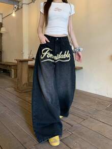 DAZY Celana Jeans Wanita Gaya Jalanan Korea dengan Bordir Huruf Inggris dan Rhinestone untuk Musim Gugur - Dark Grey - View 1