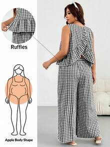 Shapeblank Plus Size Vacation Plaid Ruffle Hem Tank Top And Loose Long Pants 2 Pieces Set - Black - View 1