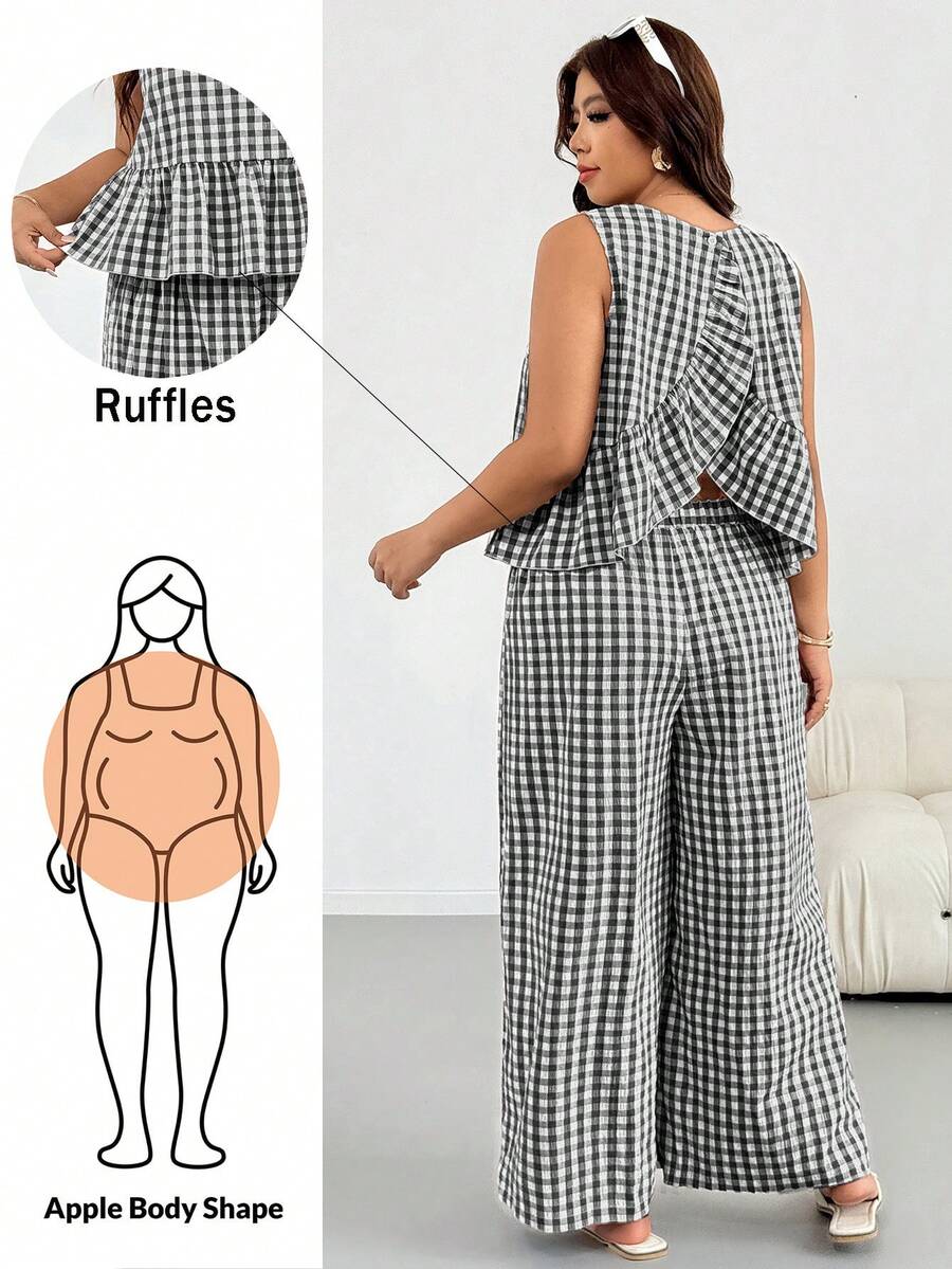 Shapeblank Plus Size Vacation Plaid Ruffle Hem Tank Top And Loose Long Pants 2 Pieces Set - Black - View 1