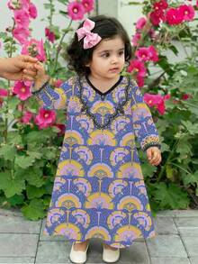 Vestido árabe tradicional elegante y digno con estampado floral dorado, morado taro suave y lila, adecuado para niñas pequeñas en primavera/verano, para uso diario, festivales, salidas, vestido árabe maxi de manga larga elegante y digno, abaya de oración, cómodo y casual, para vacaciones, modesto kaftan - Multicolor - Ver 1