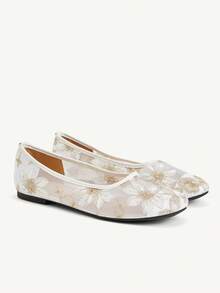 CUCCOO CHICEST Floral Embroidered Round Toe Flat Shoes, See Through Mesh Low Vamp Shoes, Commuter Dating Women's Shoes - White - View 2