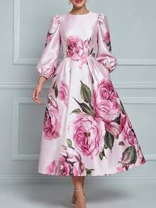 RosyDaze Women's Premium Elegant Rose Print Dress, Suitable For Evening Party, Wedding, Commute, Date, Slimming And Versatile - Pink - View 5