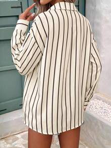 SHEIN Frenchy 女款條紋落肩長袖單排扣休閒襯衫 - 彩色 - 查看 3