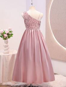 Gaun Satin Patchwork Payet Mewah untuk Musim Pernikahan, Model Satu Bahu dengan Potongan Cami, Bagian Depan Pendek dan Belakang Panjang, Bagian Belakang Pendek, Gaun untuk Pesta Prom, Pertunjukan, Pesta Ulang Tahun, Perjamuan, dan Semua Musim. - Berwarna merah muda - View 2