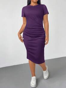 Shapeblank Plus Size Women's Dark Purple Short Sleeve Slit Slim Mid-Length Dress,Elastic Comfortable Autumn Smart Casual Night Out Club Basic Daily Versatile - Purple - View 4