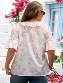EMERY ROSE Camisa de moda con estampado floral y volantes con cuello en V para mujer talla grande para vacaciones - Multicolor - Ver 3