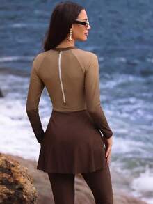 SHEIN Swim Women's Summer Beach Vacation Gradient Print 3D Floral Decor Twist Zipper Long Sleeve Burkini Swimsuit Set - Brown - View 4