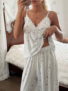 CottageSlumber Women's Romantic Floral Contrast Lace Trim Wide Leg Pajama Set - Multicolor - View 4