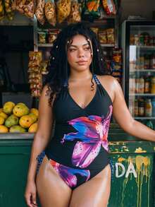 Swim Vcay Plus Size Women's Floral Print Halter Tankini Set - Multicolor - View 3