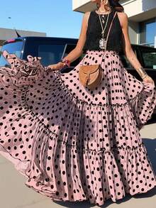 Breezaya French Vintage Pink & Black Polka Dot Layered Full Skirt, 3-Layer Large Panel Patchwork Design With Black Ruffle Trim And Pleated Edging On Each Layer, Voluminous Umbrella-Shaped Hemline For Dramatic Visual Effect, Plus Size Skirt - Pink - View 3