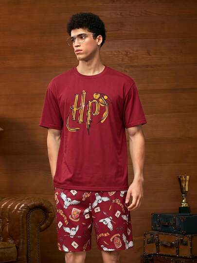 HARRY POTTER X SHEIN Pánská domácí sada s krátkým rukávem a šortkami s potiskem písmen