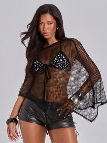 ACID BLVD Spring/Summer 2K Hot Girl Party Sheer Mesh Hollow Out Cape Cover-Up Sun Protection Top And Rivet Bikini Tank Top 2pcs Set - Black - View 1
