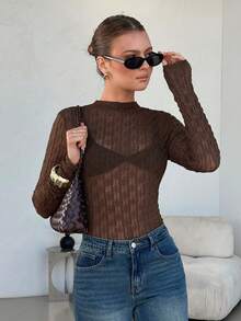 Levarali Women's Solid Color Stand Collar Slim Fit Versatile Daily Wear Top - Brown - View 5