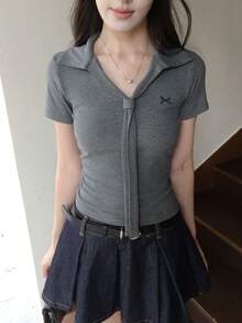 DAZY 女款韓式刺繡緞帶波羅領短袖T恤 - 灰色 - 查看 8