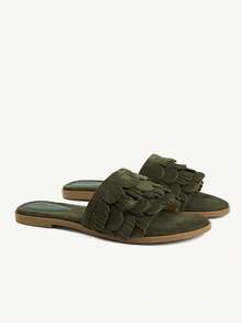 CUCCOO CHICEST 簡約百搭氣質舒適時尚大方通勤度假沙灘平底涼鞋夏季鞋 - 軍綠色. - 查看 2