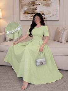 Modelyn Spring/Summer Solid Color Round Neck Short Sleeve Beaded Women's Dress Tea Party Light Green Elegant - Green - View 5