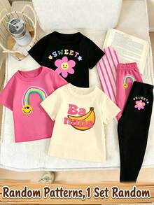 Random 3pcs, Send 1pc Baby Girl Fashion Cute Rainbow Flower Fun Letter Print Casual Style Basic Short T-Shirt And Leggings Set Sets - Multicolor - View 3