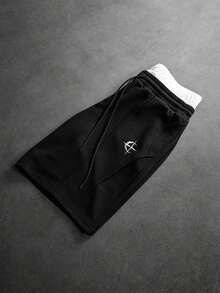 SLATEMANN 男士牛仔雙腰帶抽繩腰口袋刺繡短褲 - 黑色 - 查看 3