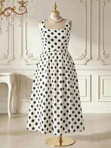 Rometta Vestido vintage de mujer talla grande de verano, nuevo, de gasa, con lunares blanco y negro, cuello cuadrado y cintura con cordón, que estiliza la figura. Adecuado para el uso diario, citas, compras, vacaciones/viajes, playa - Blanco y Negro - Ver 3