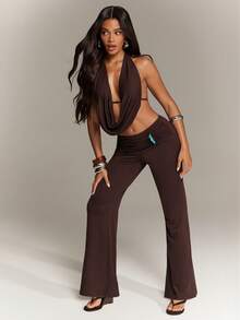 Denimoi Women's Sexy Halter Top With Beaded Detail And Asymmetrical Straight Leg Pants Set Club Night Out Party Vacation Chocolate Brown Summer - Brown - View 4