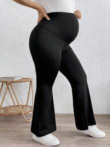Plussiva 孕妇休闲可调节腰部纯色喇叭裤 - 黑色 - 查看 3
