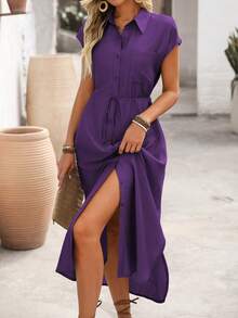 Wandoria Women's Spring/Summer Solid Color Vacation Casual Modest Commute Shirt Collar Front Button Placket Patch Pocket Side Slit Hem Dress Deep Purple - Purple - View 1