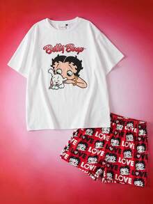 Betty Boop x SHEIN 女款卡通印花T恤短褲睡衣套裝 - 白色 - 查看 2