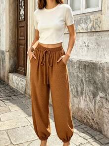 SHEIN PariChic French Boho Casual Brown And White Polka Dot Swiss Dot Lantern Pants Elastic Waist Cuffed Loose Autumn Brunch Vacation - Coffee Brown - View 5