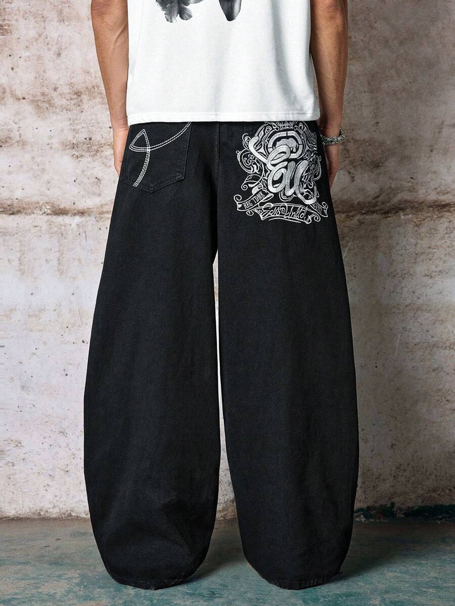 Skyrend Grunge Goth Y2K 风格男士休闲刺绣宽松阔腿牛仔裤，四季皆宜，时尚街头风，适合工作、通勤、舞台表演、朋友聚会、户外活动等场合。