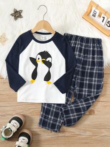 SHEIN Kids Young Boy Cartoon Penguin Pattern Colorblock Raglan Sleeve T-Shirt And Plaid Pattern Long Pants Casual Comfortable Loungewear Pajama Set 2pcs - Navy Blue - View 1