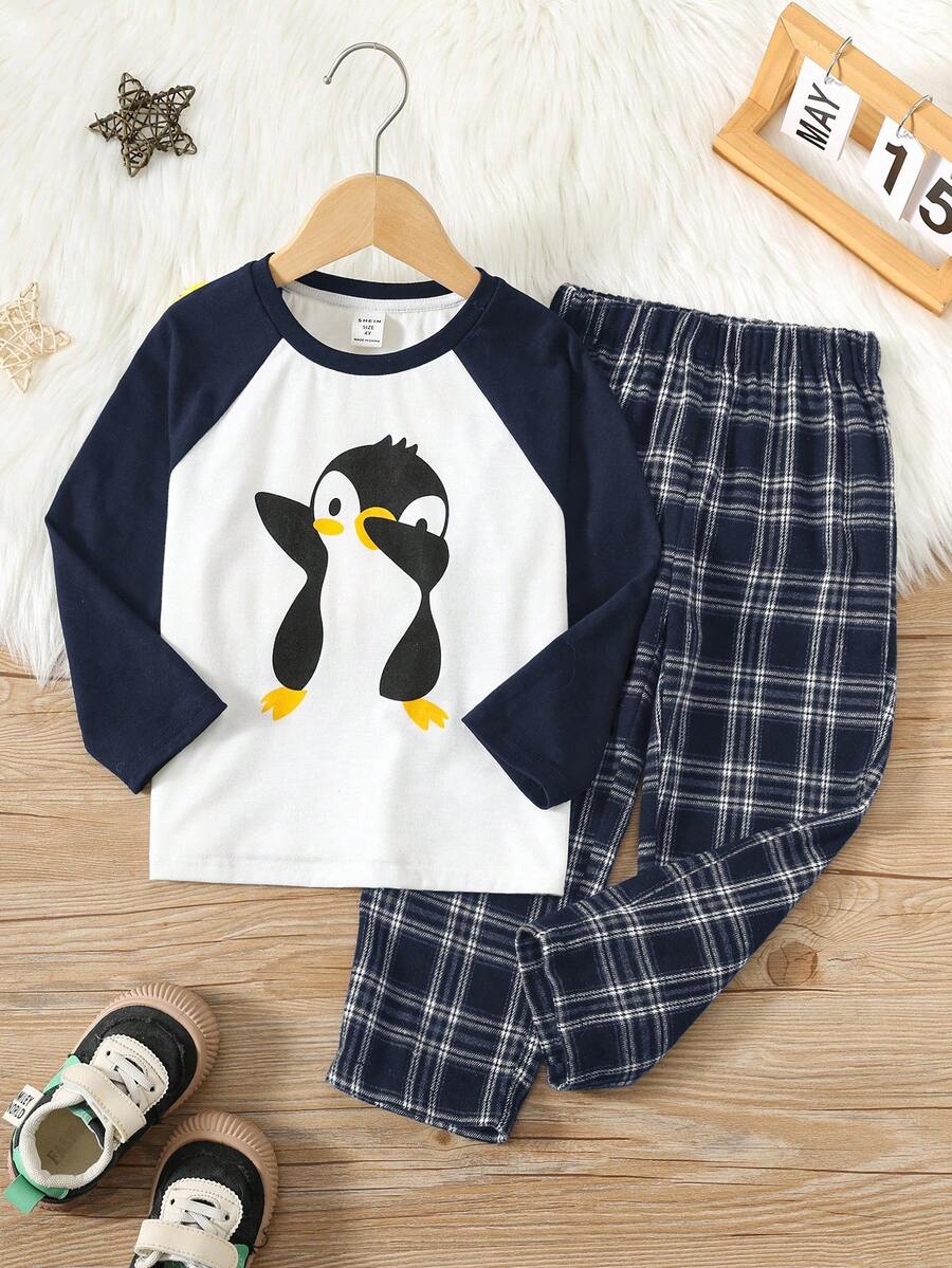 SHEIN Kids Young Boy Cartoon Penguin Pattern Colorblock Raglan Sleeve T-Shirt And Plaid Pattern Long Pants Casual Comfortable Loungewear Pajama Set 2pcs - Navy Blue - View 1
