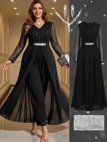 Reflora Plus Size Women V-Neck Lace Patchwork Rhinestone Decor Casual Daily Wear Jumpsuit - Black - View 3
