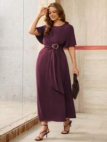 Roveilla Plus Size Women's Spring Autumn Winter French Romantic Sicilian Elegant Casual Commute Vacation Afternoon Tea Party Solid Color Round Neck Cross Tie Metal Buckle Cinched Waist A-Line Long Sleeve Bell Sleeve Maxi Dress - Red Violet - View 4