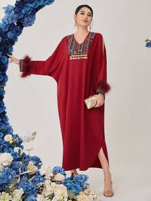 Al Najma Patchwork Besticktes Plüsch Ärmelbündchen V-ausschnitt Lockeres Kleid - Rot - Übersicht 5