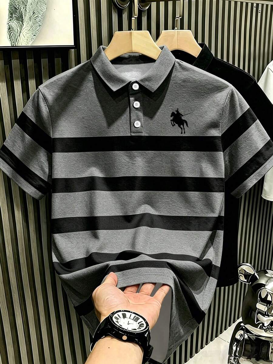 Manfinity Hypemode 男士成熟風條紋 Polo 衫，小馬標誌，中性短袖，夏季商務休閒 - 灰色 - 查看 1