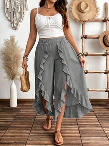 Weeklong Plus Size Women's Floral Print Vacation Style Split Hem Ruffle Wide Leg Pants Fall - Grey - View 5