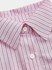SHEIN LUNE 女款休閒粉色與白色條紋白襯衫及長褲三件套，秋季服裝，套裝，適合工作、早午餐、度假、旅行穿著 - 粉色 - 查看 14