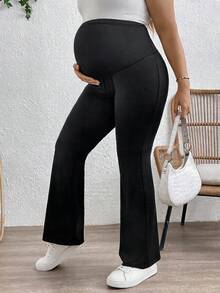 Plussiva 孕妇休闲可调节腰部纯色喇叭裤 - 黑色 - 查看 5