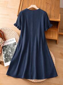 Linhara Plus Size Women Spring/Summer Casual Minimalist Pastoral Style Small V-Neck, Cotton Embroidered Fashion Ruffle Cuff Loose Fit Dress - Blue - View 2
