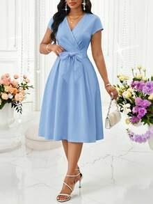 SHEIN Lady 女士优雅办公中长连衣裙，蓝色 - 藍色 - 查看 7