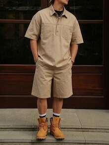 DAZY 男士純色工作服短袖 Polo 衫 2 件套 夏季 - 卡其色 - 查看 4