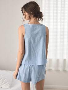 Ocili 100%純棉波希米亞風舒適極簡女款居家服套裝 - 霧霾藍 - 查看 3