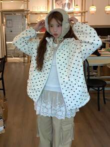 DAZY Women's Hooded Polka Dot Korean Style Casual Long Sleeve Jacket - Apricot - View 10